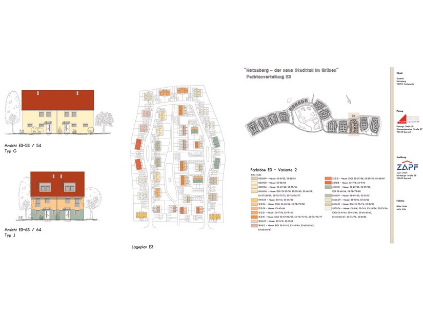 The typical colors of Hamburg, Berlin and Munich inspired the color design for New Town Netzaberg. Clearly visible in the supervision plan: the color accent of the houses on the access roads, with accesses marked visually with a gate. Color design from the Brillux color studio Munich.