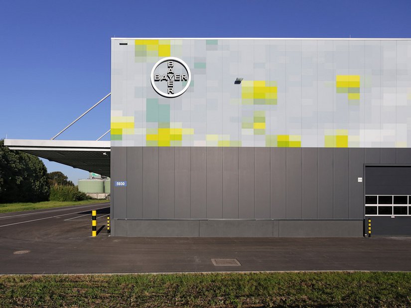 The building shell is imposing, with an abstract, generously shaped pixelated depiction of a field of rape in flower.