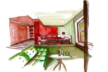 <p>Complementary contrast. In the different room areas, the red and the green light up in turn, they are distant enough from each other that they don’t cancel each other out with their luminosity. The red is surrounded by shades of lightened, grayed shades of green; the green by grayed, earthy red tones.</p>