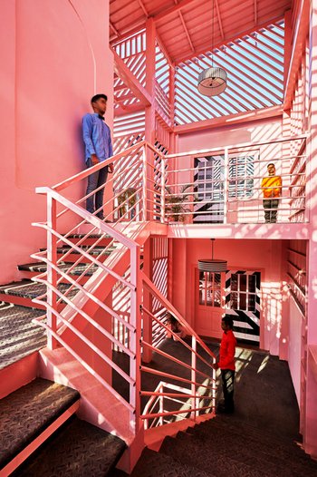 <p>On the premises of the Feast India Company, black and white zebra stripes meet pink colored areas</p>