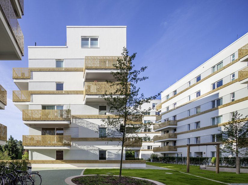 The golden accents soften the residential complex nicely.