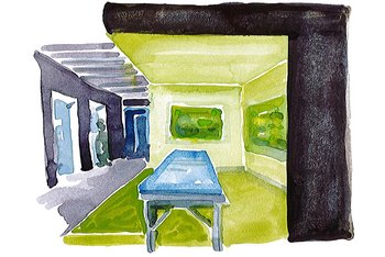 <p>Cold-warm contrast. Olive/grass green and turquoise/grass green is surrounded by grayed red as a carrier color, then appears as a complementary color shade, it is a play of contrasts and the room-within-a-room idea.</p>
