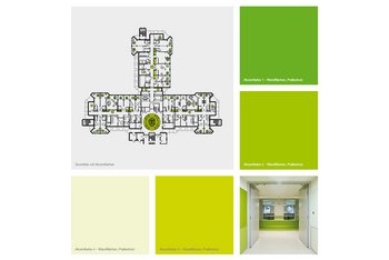 <p><i>Floor inlays with large dots in the color of the level aid orientation: In the corridors, the colored circles in the floor covering indicate the location of the common room. The patient rooms are also marked with a colored circle. The circle theme is continued in the control center with a colored floor inlay and a round illuminated ceiling.</i></p>