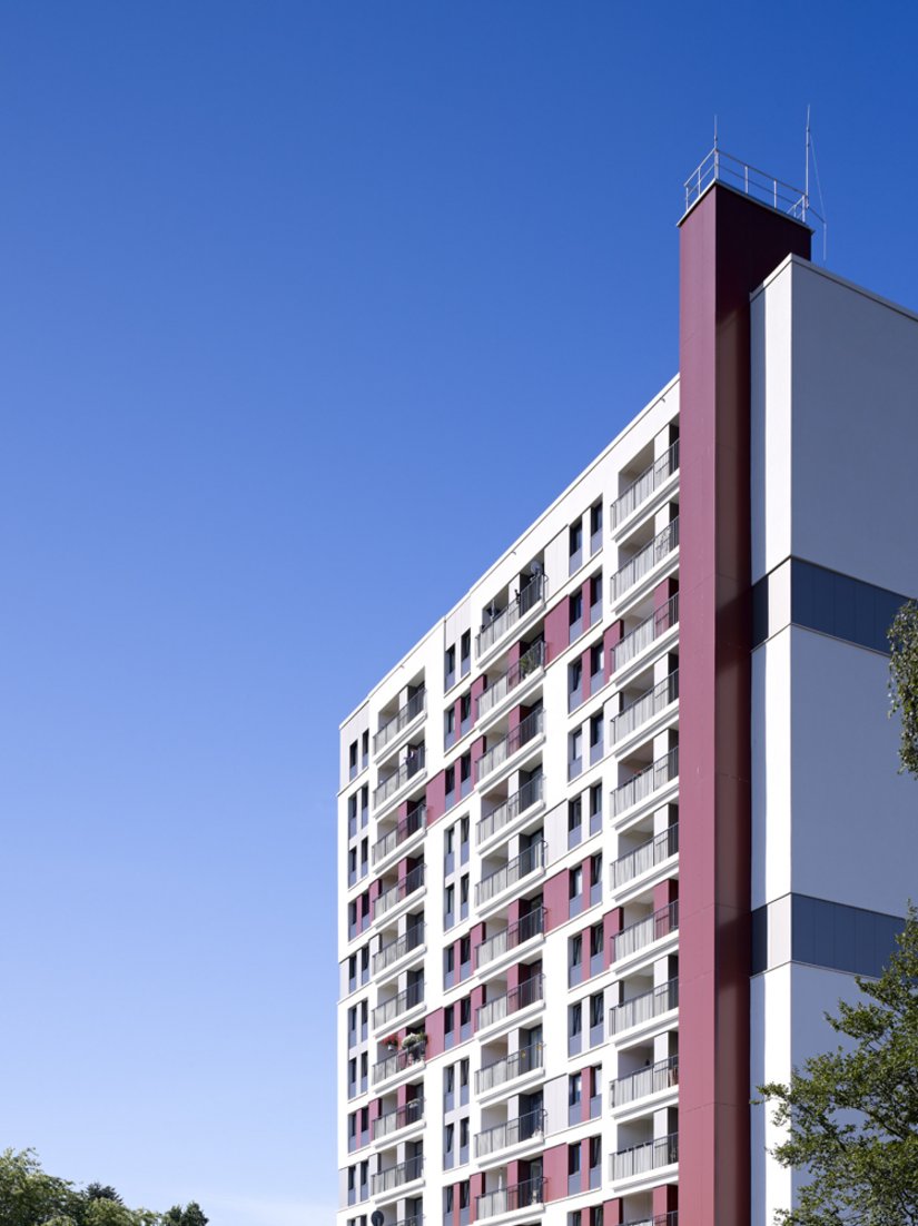 A plastic facade relief in sand, red, gray and black shades covers the vertical structure of the existing facades.