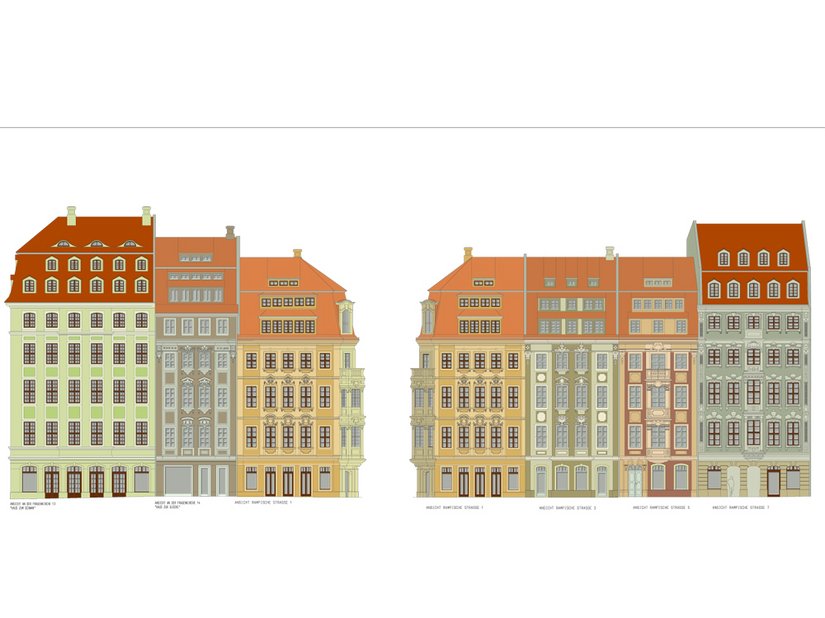The facade design for the Quartier II block was developed in close cooperation between the architect, the historical preservation authority and the Brillux color studio in Leipzig.
