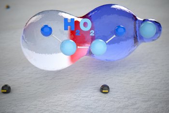 <p>This results in H<sub>2</sub>O<sub>2</sub> and O, i.e., hydrogen peroxide and oxygen.</p>