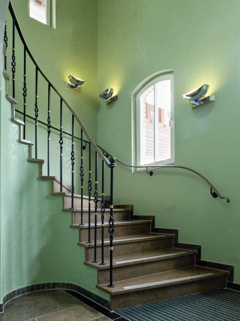 Mint green was used in the stairway.