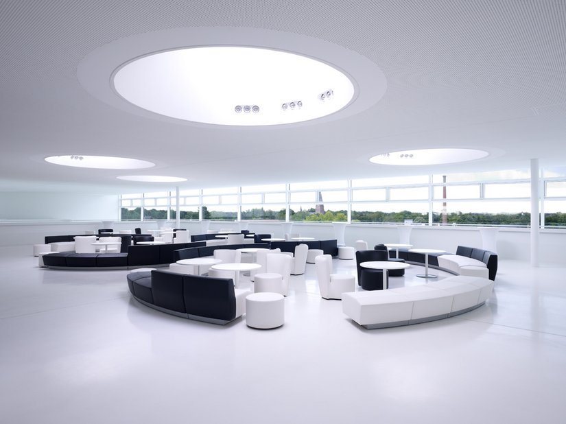 The skylobby – black leather seats emphasize the surrounding sea of white.